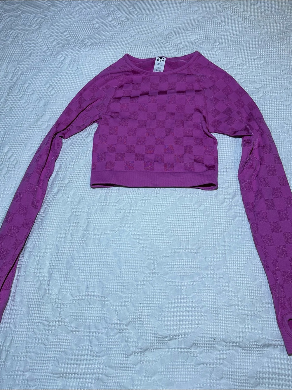 Joy Labs Pink Women's Long Sleeve Jacquard Seamless Checkered Workout Top - Picture 6 of 8